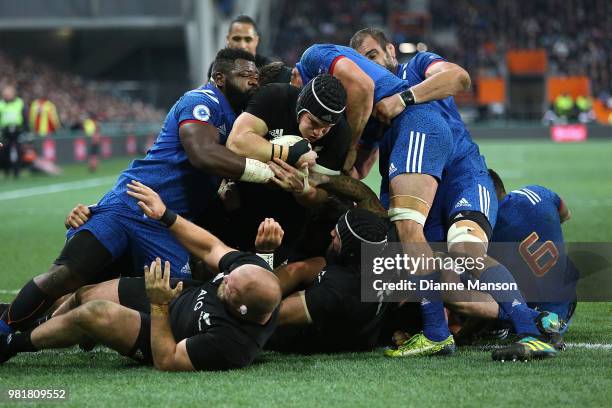 Matt Todd of the All Blacks scores a try during the International Test match between the New Zealand All Blacks and France at Forsyth Barr Stadium on...