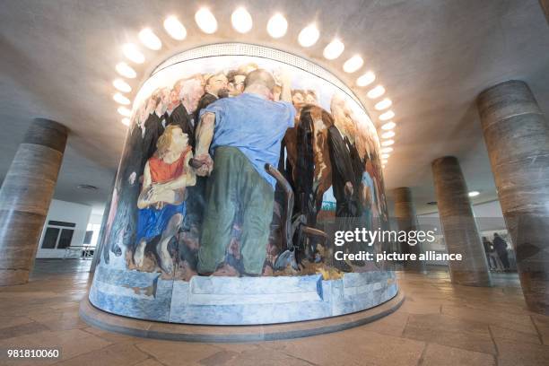 April 2018, Germany, Frankfurt am Main: The mural 'Der Einzug der Parlamentarier' at the permanent exhibition in the St. Paul's Church. The St....