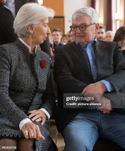 March 2018, Germany, Berlin: Former German Foreign Minister Joschka Fischer and IMF-director Christine Lagarde, photographed at the German Institute...
