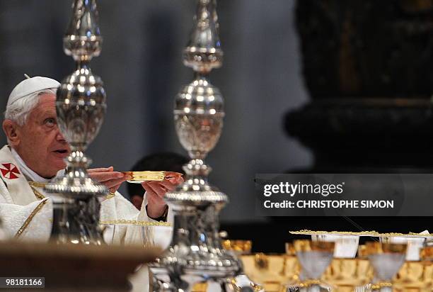 Pope Benedict XVI celebrates the Holy Thursday Chrism mass as part of the Holy week on April 01, 2010 at St Peter's Basilica at the Vatican. Pope...