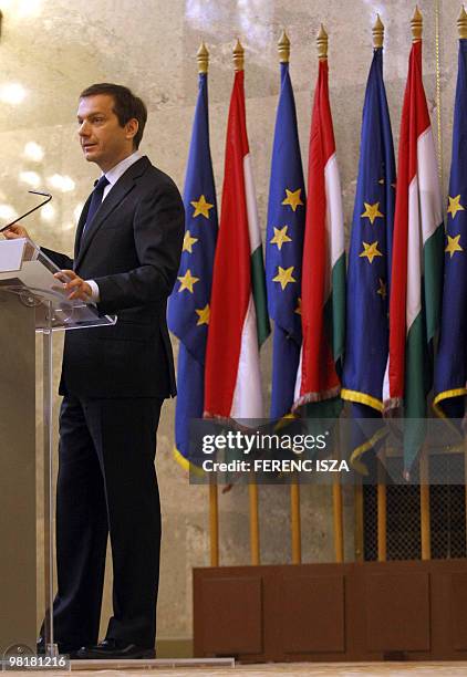 Hungarian Prime Minister Gordon Bajnai gives a press conference at the Parliament building in Budapest on April 1, 2010. The first round of the...
