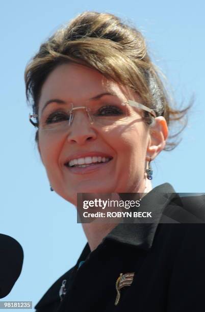 Former US vice-presidential candidate Sarah Palin speaks at a Tea Party rally in Searchlight, Nevada on March 27, 2010. Thousands of Tea Party...
