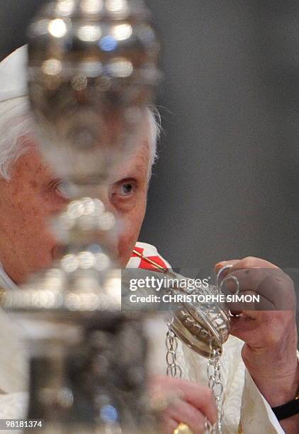 Pope Benedict XVI celebrates the Holy Thursday Chrism mass as part of the Holy week on April 01, 2010 at St Peter's Basilica at the Vatican. Pope...