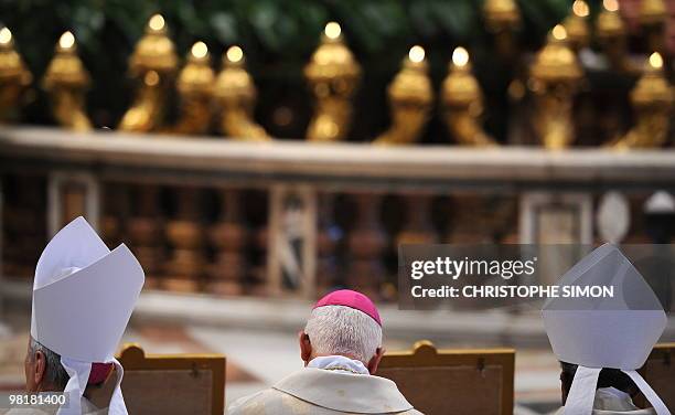 Eccliesiastics attends Pope Benedict XVI's Holy Thursday Chrism mass as part of the Holy week on April 01, 2010 at St Peter's Basilica at the...