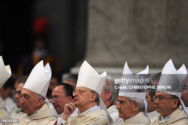 Eccliesiastics attends Pope Benedict XVI's Holy Thursday Chrism mass as part of the Holy week on April 01, 2010 at St Peter's Basilica at the...