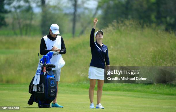 Beatriz Recari of Spain checks the wind for a shot during the second round of the ShopRite LPGA Classic Presented by Acer on the Bay Course at...