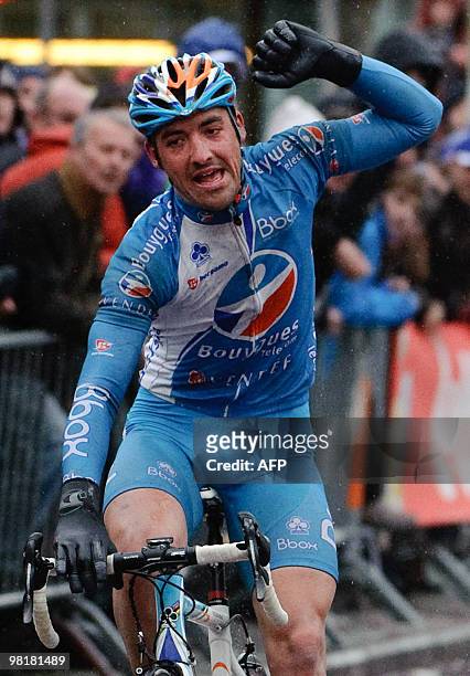 French rider Sebastien Turgot of team Bouygues BBox reacts on the finish line during the second stage of 214 km from Zottegem to Sint-Idesbald as...