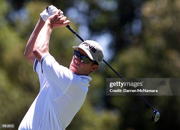 Nick O''Hearn from Australia, hits from the fairway on the par 5 , 3nd. Hole, during the third day of the 2001 Heineken Classic, which is being...