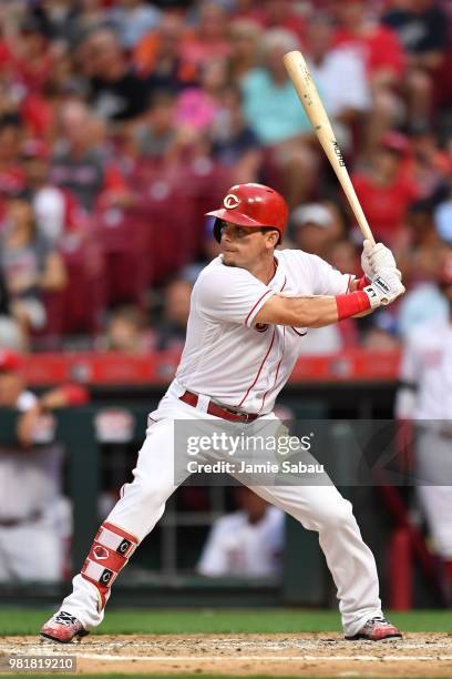 Scooter Gennett of the Cincinnati Reds bats against the Detroit Tigers at Great American Ball Park on June 19, 2018 in Cincinnati, Ohio.