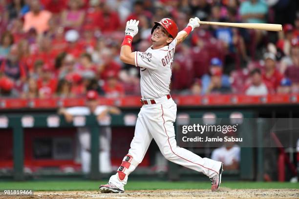 Scooter Gennett of the Cincinnati Reds bats against the Detroit Tigers at Great American Ball Park on June 19, 2018 in Cincinnati, Ohio.