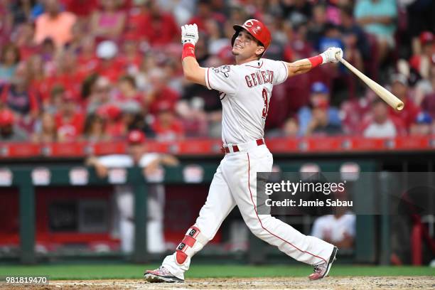 Scooter Gennett of the Cincinnati Reds bats against the Detroit Tigers at Great American Ball Park on June 19, 2018 in Cincinnati, Ohio.