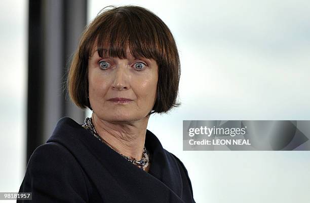 Minister for the Olympics and London Tessa Jowell reacts during the launch of the "ArcelorMittal Orbit" sculpture at City Hall in central London, on...