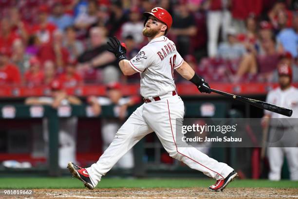 Tucker Barnhart of the Cincinnati Reds bats against the Detroit Tigers at Great American Ball Park on June 19, 2018 in Cincinnati, Ohio.