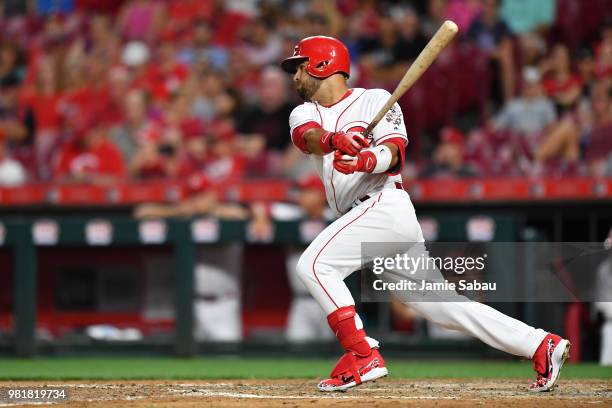 Eugenio Suarez of the Cincinnati Reds bats against the Detroit Tigers at Great American Ball Park on June 19, 2018 in Cincinnati, Ohio.