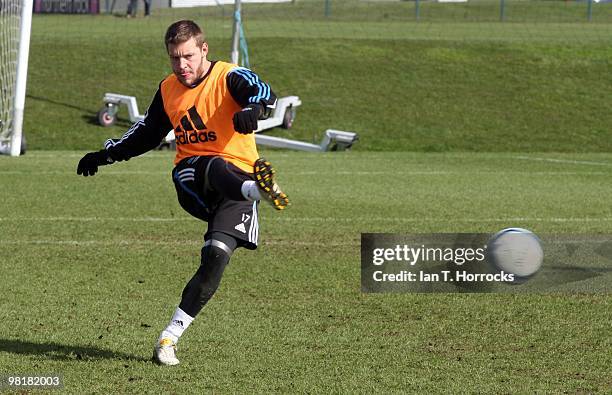 Alan Smith during a Newcastle United training session at the Little Benton training ground on April 01, 2010 in Newcastle, England.