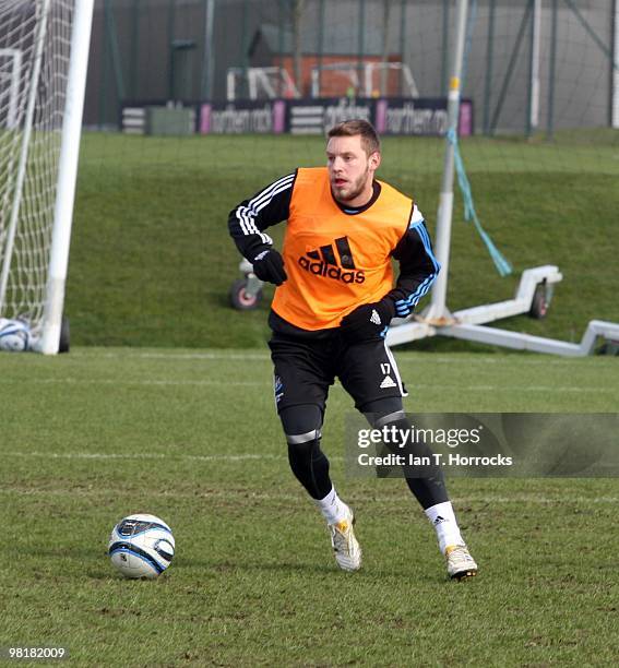 Alan Smith during a Newcastle United training session at the Little Benton training ground on April 01, 2010 in Newcastle, England.