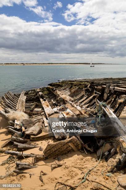 damaged boat on beach, algarve, portugal - chagas stock-fotos und bilder