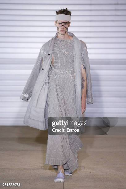 Model walks the runway during the Boris Bidjan Saberi Menswear Spring/Summer 2019 show as part of Paris Fashion Week on June 21, 2018 in Paris,...