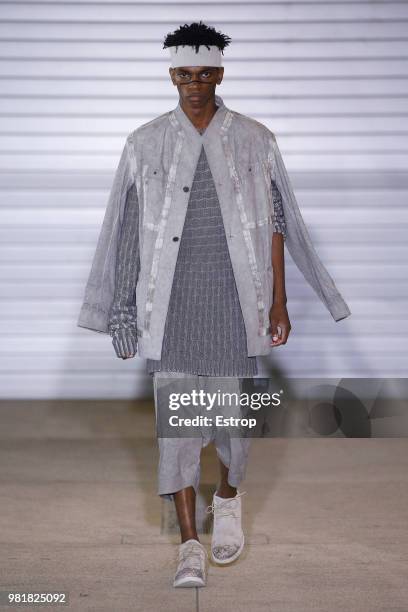 Model walks the runway during the Boris Bidjan Saberi Menswear Spring/Summer 2019 show as part of Paris Fashion Week on June 21, 2018 in Paris,...