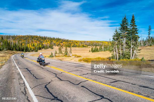 bikers on utah route 148 scenic byway in cedar breaks national monument - iron county stock pictures, royalty-free photos & images