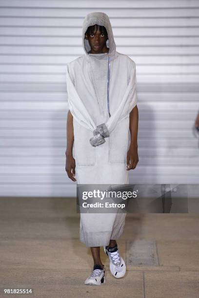 Model walks the runway during the Boris Bidjan Saberi Menswear Spring/Summer 2019 show as part of Paris Fashion Week on June 21, 2018 in Paris,...