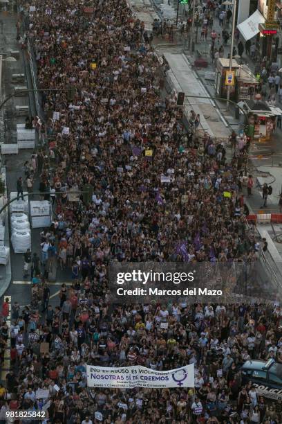 Thousands protesting against court's decision to release "wolf pack" gang on bail. The gang assaulted a woman, 18 years old, in Pamplona, during the...