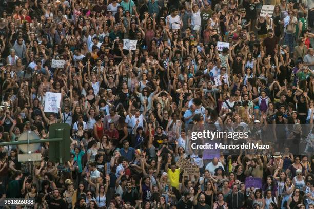 Thousands protesting against court's decision to release "wolf pack" gang on bail. The gang assaulted a woman, 18 years old, in Pamplona, during the...