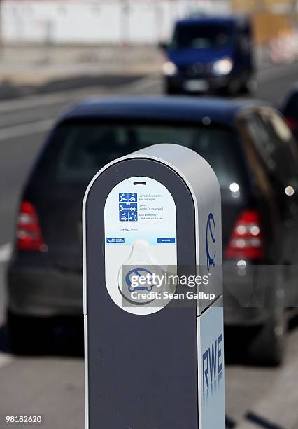 Sidewalk-mounted electric car charger stands in the city center on April 1, 2010 in Berlin, Germany. German power producer RWE has erected and is...