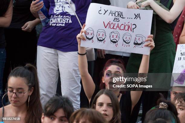 Female protestor shouts against the release of 'La Manada' front of the Parliament. Protest in support of the rape victims from 'La Manada' or Wolf...