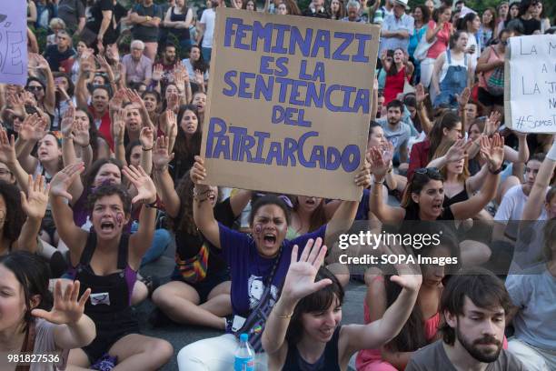 Protestor shouts against the release of 'La Manada' in front of the Parliament. Protest in support of the rape victims from 'La Manada' or Wolf Pack...