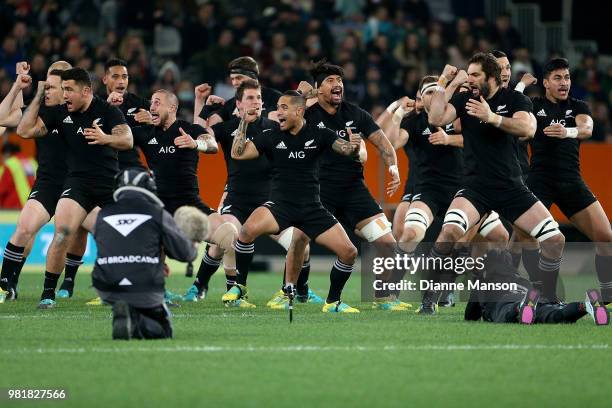 Samuel Whitelock of the All Blacks leads the Haka during the International Test match between the New Zealand All Blacks and France at Forsyth Barr...