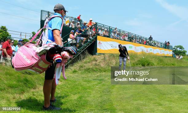 Paula Creamer hits a shot on the 18th green during the second round of the ShopRite LPGA Classic Presented by Acer on the Bay Course at Stockton...