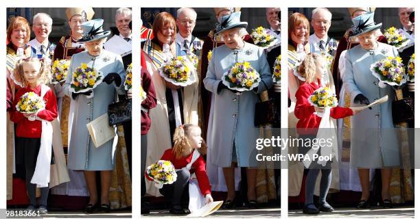 Composite picture shows a girl stooping to pick up a paper containing the order of service for Britain's Queen Elizabeth II after the Maundy service...