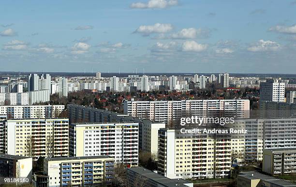 Communist-era highrise apartment buildings, also known as 'Plattenbau' in the Marzahn district are pictured on April 01, 2010 in Berlin, Germany....