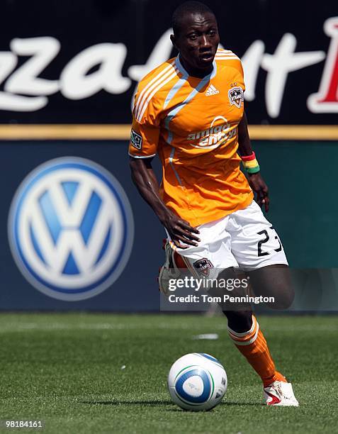 Forward Dominic Oduro of the Houston Dynamo controls the ball against FC Dallas during a MLS game at Pizza Hut Park on March 27, 2010 in Frisco,...