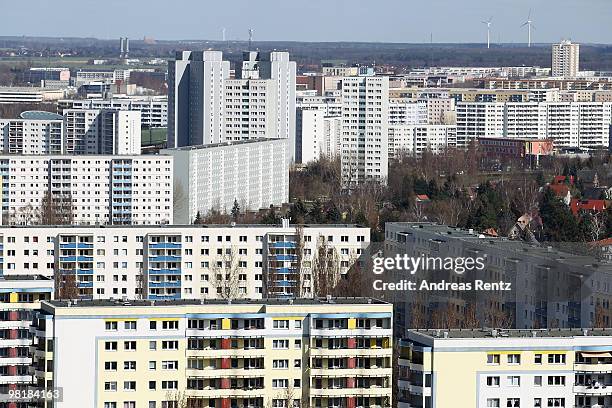 Communist-era highrise apartment buildings, also known as 'Plattenbau' in the Marzahn district are pictured on April 01, 2010 in Berlin, Germany....