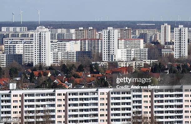 Communist-era highrise apartment buildings, also known as 'Plattenbau' in the Marzahn district are pictured on April 01, 2010 in Berlin, Germany....
