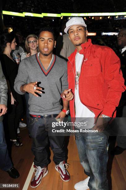 Recording Artist Bobby V and T.I. Attend the Los Angeles Lakers vs Atlanta Hawks game at Philips Arena on March 31, 2010 in Atlanta, Georgia.