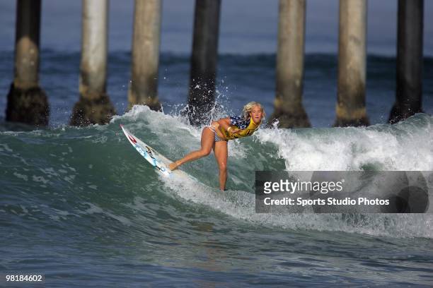 Surfer Bethany Hamilton rides a wave circa 2009 at U.S. Surfing Open, Huntington Beach, California.