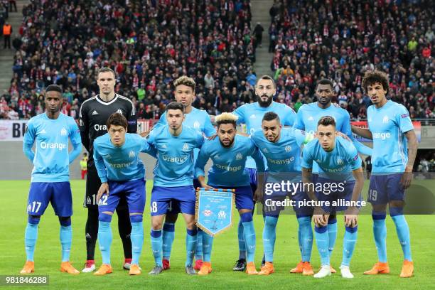 April 2018, Germany, Leipzig, Soccer, Europe League, Quarterfinals, RB Leipzig vs. Olympique Marseille at the Red Bull Arena: Marseille's players...