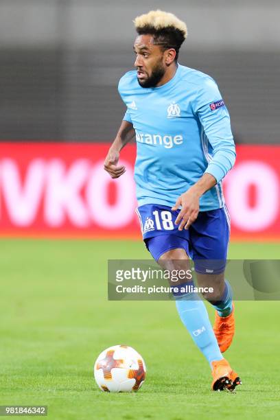 April 2018, Germany, Leipzig, Soccer, Europe League, Quarterfinals, RB Leipzig vs. Olympique Marseille at the Red Bull Arena: Marseille's player...