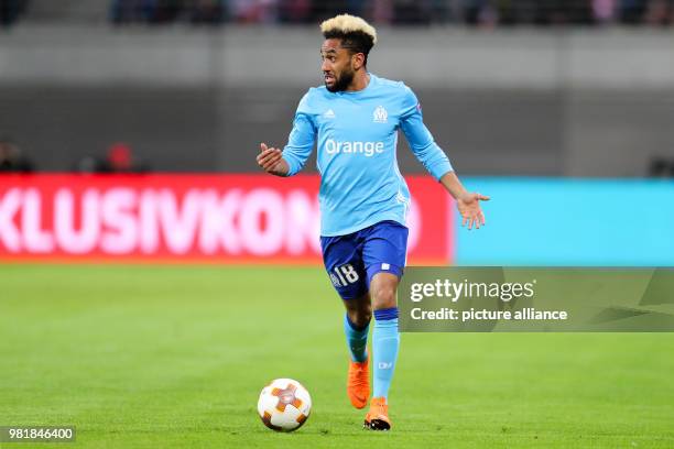 April 2018, Germany, Leipzig, Soccer, Europe League, Quarterfinals, RB Leipzig vs. Olympique Marseille at the Red Bull Arena: Marseille's player...