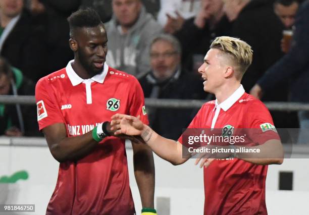 April 2018, Germany, Hannover, Soccer, Bundesliga, 29. Match day, Hannover 96 vs Werder Bremen in the HDI-Arena: Hannovers Martin Harnik celebrates...