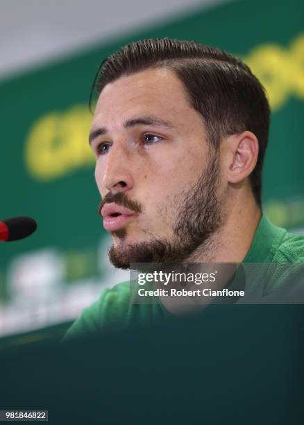 Mathew Leckie attends an Australian Socceroos press conference at Stadium Trudovye Rezervy on June 23, 2018 in Kazan, Russia.