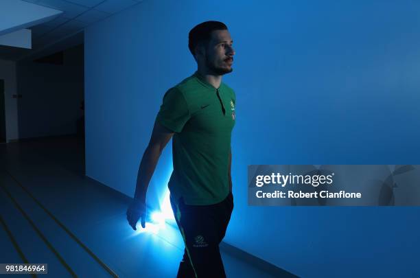 Mathew Leckie makes his way to the Australian Socceroos press conference at Stadium Trudovye Rezervy on June 23, 2018 in Kazan, Russia.