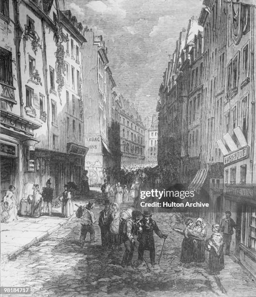 The Rue de la Montagne-Sainte-Genevieve in the 5th arrondissement of Paris, circa 1800. Illustration entitled 'Paris Demolitions'.