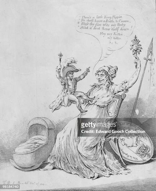Marianne, the female personification of France, with the Emperor Napoleon I sitting on her lap, 1804. Behind her is the image of the executed King...
