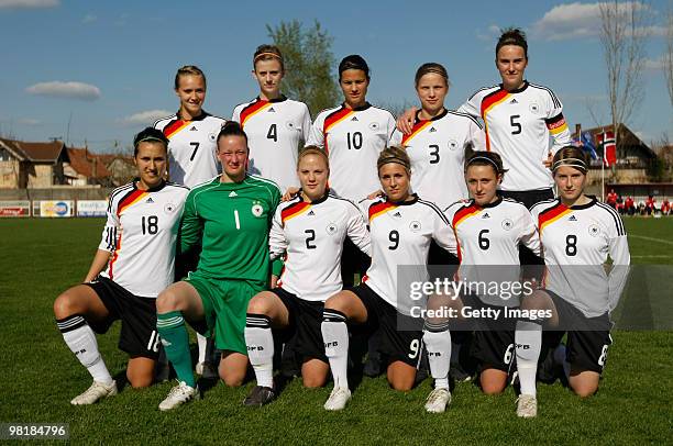 Team photo of Germany during the U19 women international friendly match between Norway and Germany at the FK Backa 1901 Stadium on April 1, 2010 in...