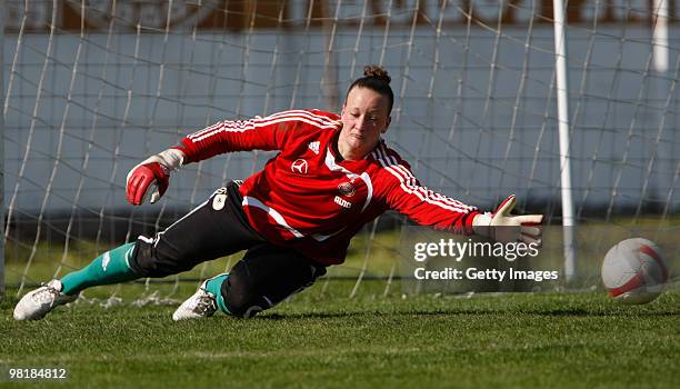 Almuth Schult, goalkeeper of Germany, in action during the U19 women international friendly match between Norway and Germany at the FK Backa 1901...