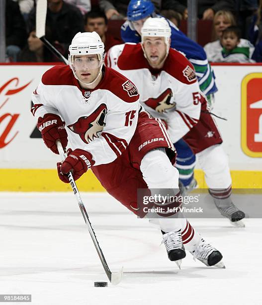 Matthew Lombardi of the Phoenix Coyotes skates up ice with the puck during the game against the Vancouver Canucks at General Motors Place on March...